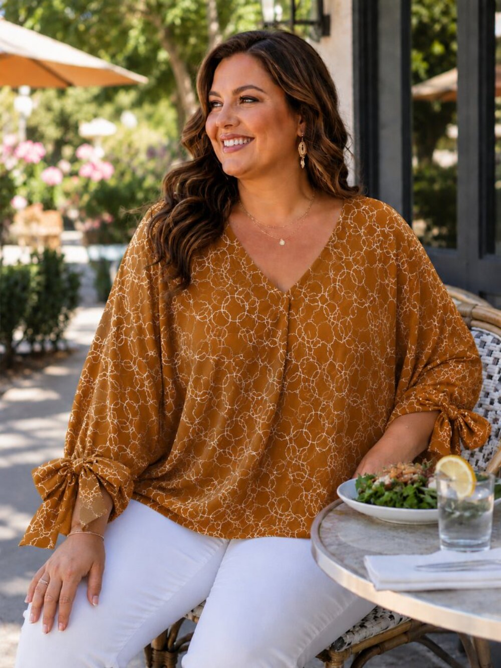 CES FEMME Dolman Slve w/Lg Bow V-Neck Gold w/Contempory White Print Blouse NWT L